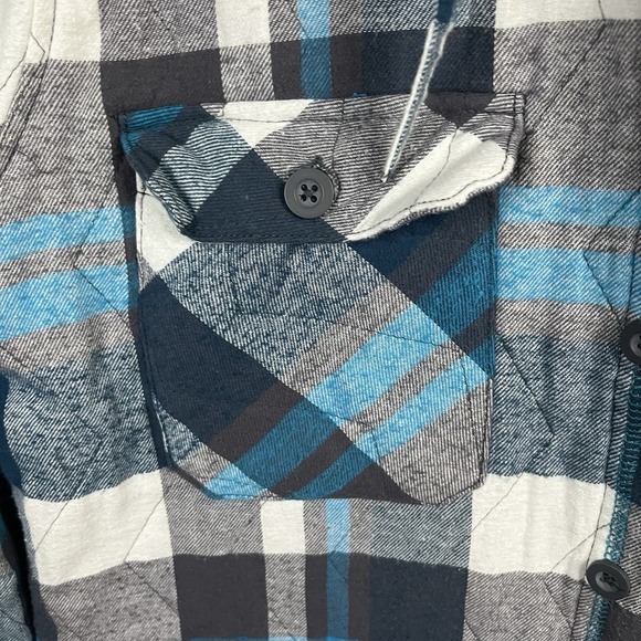 Vintage 90s Y2K OP Shacket Mens L Flannel Plaid Hoodie Quilted Blue Gray Skiwear - Picture 5 of 14